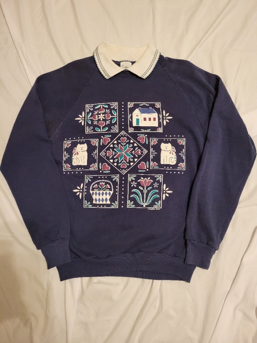 90s Navy Blue Folk Art Cottagecore Collared Grandma Sweater Gopher Sport Medium